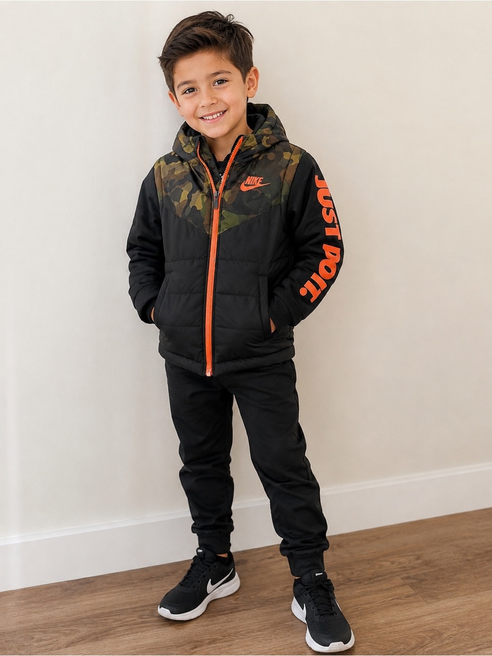 Nike Boys Camo Puffer Jacket Black Orange Just Do It Hooded Coat Size 6-7